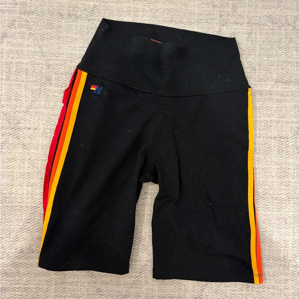 Aviator Nation Black Bike Shorts with Red and Yellow Stripes